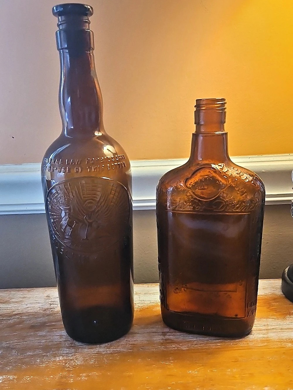 2 Embossed Brown Glass Bottles Set